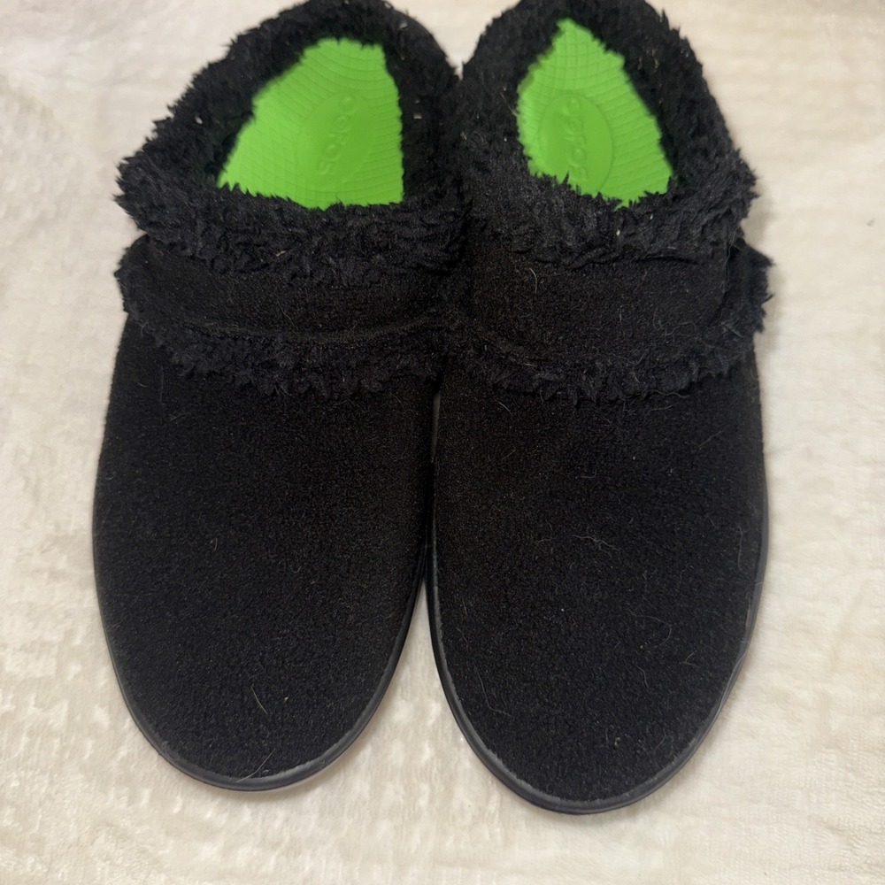 OOFOS Oocoozie Mule Women's Black Fabric Fur Trim Slip On Slippers Size 10